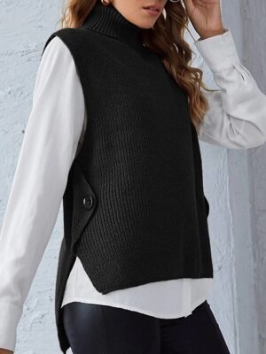 Stylish Regular Fit Solid Turtleneck Sleeveless Sweater Cardigan - Image 6
