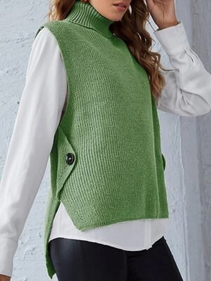 Stylish Regular Fit Solid Turtleneck Sleeveless Sweater Cardigan - Image 7