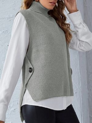 Stylish Regular Fit Solid Turtleneck Sleeveless Sweater Cardigan - Image 8