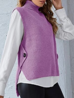 Stylish Regular Fit Solid Turtleneck Sleeveless Sweater Cardigan - Image 9