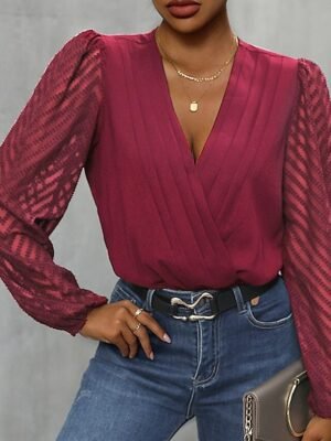 Stylish Regular Fit Solid V Neck Long Sleeve Playsuit - Image 1