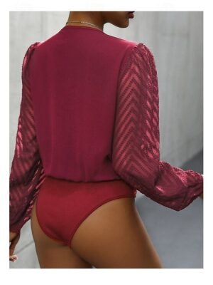 Stylish Regular Fit Solid V Neck Long Sleeve Playsuit - Image 2