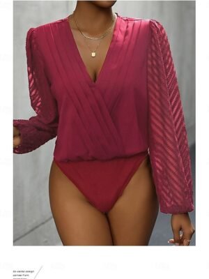 Stylish Regular Fit Solid V Neck Long Sleeve Playsuit - Image 3