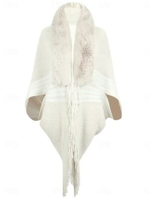 Stylish Regular Fit Stripe Tassel Long Sleeve Cape - Image 6