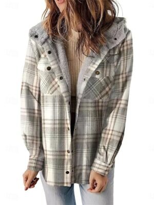 Stylish Regular Fit Striped and Plaid Hoodie Long Sleeve Winter Coat - Image 1