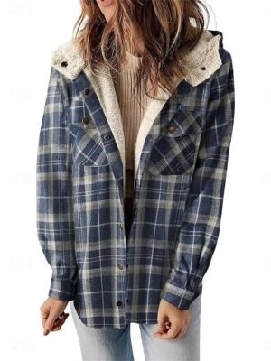 Stylish Regular Fit Striped and Plaid Hoodie Long Sleeve Winter Coat - Image 2
