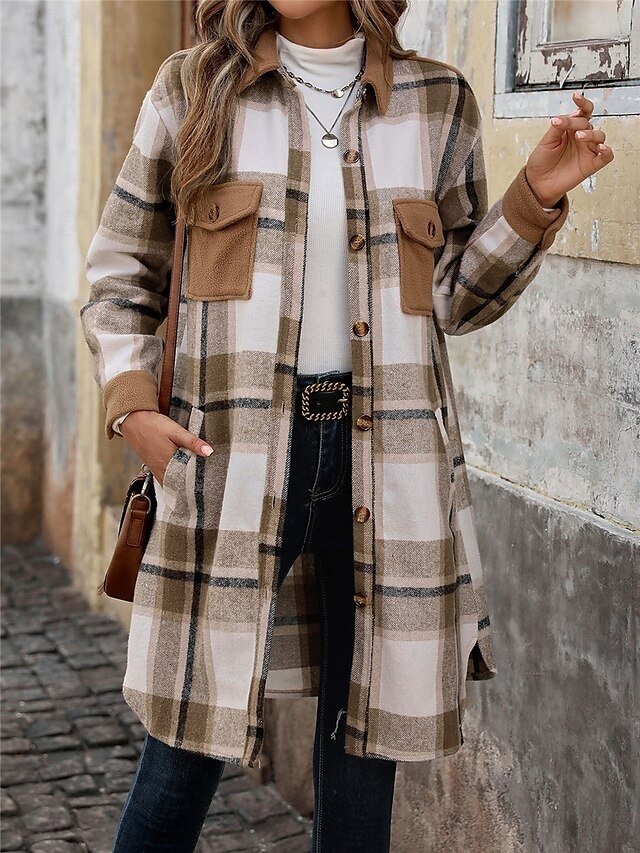 Stylish Regular Fit Striped Plaid Long Coat - Image 1