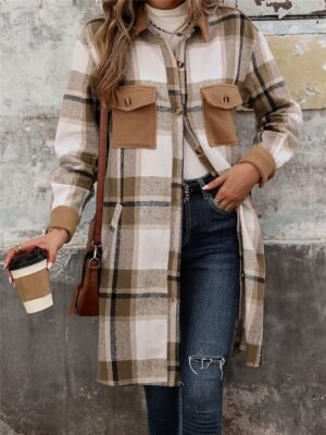 Stylish Regular Fit Striped Plaid Long Coat - Image 4