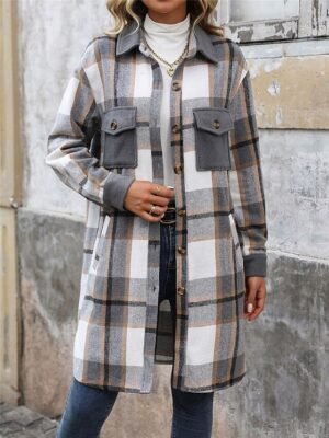 Stylish Regular Fit Striped Plaid Long Coat - Image 7