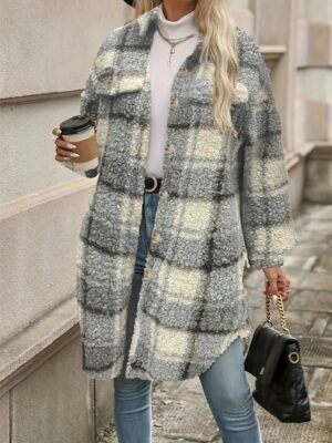 Stylish Regular Fit Striped Plaid Long Sleeve Winter Coat - Image 6