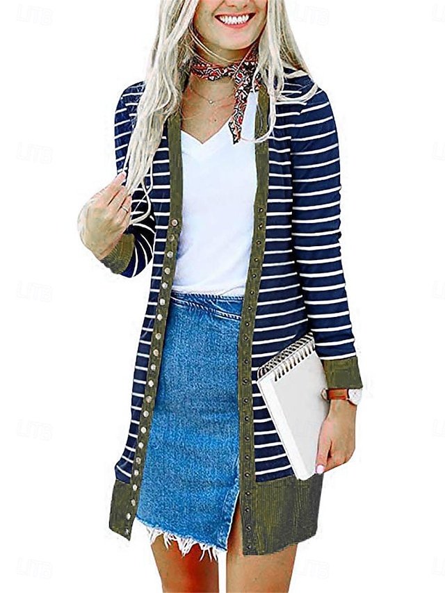 Stylish Regular Fit Striped Print Long Sleeve Long Coat - Image 2