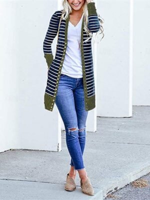 Stylish Regular Fit Striped Print Long Sleeve Long Coat - Image 3