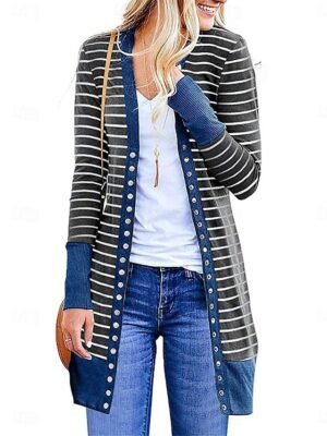 Stylish Regular Fit Striped Print Long Sleeve Long Coat - Image 4