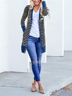 Stylish Regular Fit Striped Print Long Sleeve Long Coat - Image 5