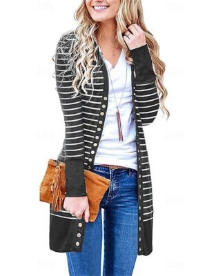 Stylish Regular Fit Striped Print Long Sleeve Long Coat - Image 7