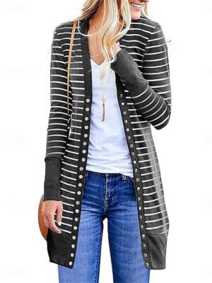 Stylish Regular Fit Striped Print Long Sleeve Long Coat - Image 8