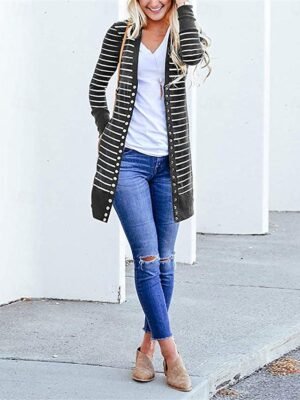 Stylish Regular Fit Striped Print Long Sleeve Long Coat - Image 9