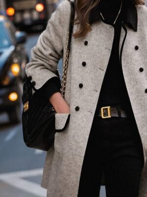 Stylish Regular Fit Stripes and Plaid Long Sleeve Long Coat - Image 3