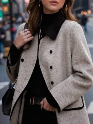 Stylish Regular Fit Stripes and Plaid Long Sleeve Long Coat - Image 4