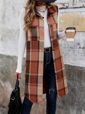 Stylish Regular Fit Stripes and Plaid Sleeveless Long Vest - Image 1
