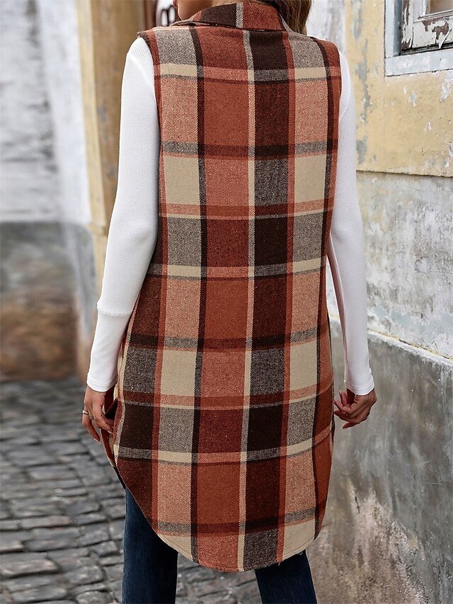 Stylish Regular Fit Stripes and Plaid Sleeveless Long Vest - Image 2