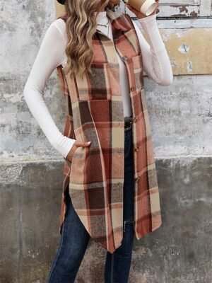 Stylish Regular Fit Stripes and Plaid Sleeveless Long Vest - Image 4