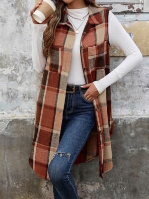 Stylish Regular Fit Stripes and Plaid Sleeveless Long Vest - Image 5