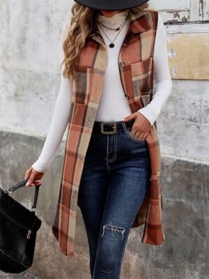 Stylish Regular Fit Stripes and Plaid Sleeveless Long Vest - Image 6