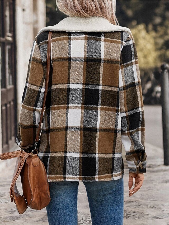 Stylish Regular Fit Stripes Plaid Fur Collar Long Sleeve Winter Coat - Image 2