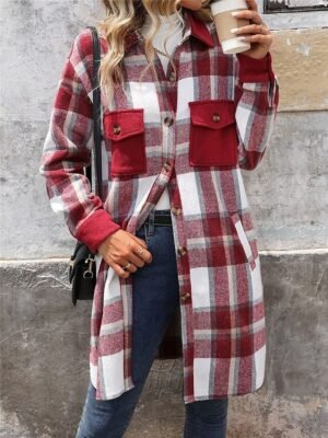 Stylish Regular Fit Stripes Plaid Long Sleeve Long Winter Coat - Image 17