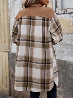 Stylish Regular Fit Stripes Plaid Long Sleeve Long Winter Coat - Image 2