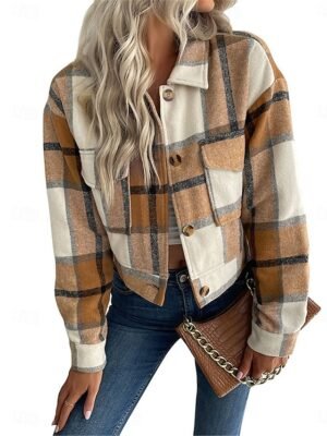 Stylish Regular Fit Stripes Plaid Long Sleeve Short Jacket - Image 2