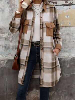 Stylish Regular Fit Stripes Plaid Long Sleeve Regular Coat - Image 3