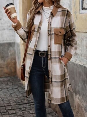 Stylish Regular Fit Stripes Plaid Long Sleeve Long Winter Coat - Image 5