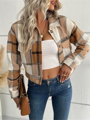 Stylish Regular Fit Stripes Plaid Long Sleeve Short Jacket - Image 5