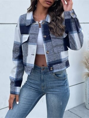 Stylish Regular Fit Stripes Plaid Long Sleeve Short Jacket - Image 8