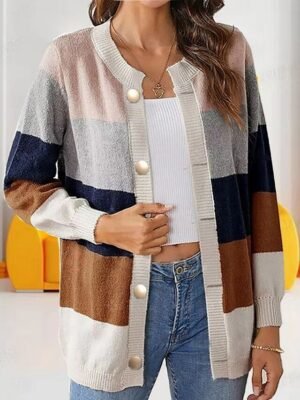 Stylish Regular Geometric Crew Neck Long Sleeve Knit Cardigan - Image 5