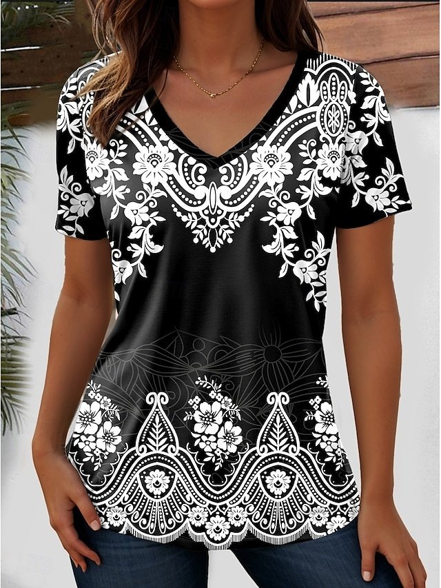 Stylish Regular Geometric Paisley V Neck Short Sleeve T-Shirt - Image 1