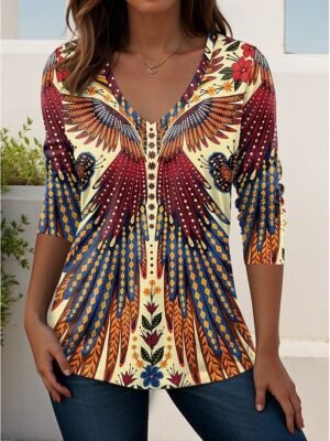 Stylish Regular Geometric Paisley V Neck Short Sleeve T-Shirt - Image 11