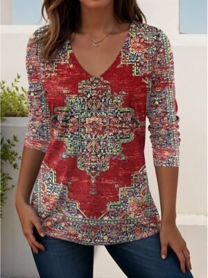 Stylish Regular Geometric Paisley V Neck Short Sleeve T-Shirt - Image 13