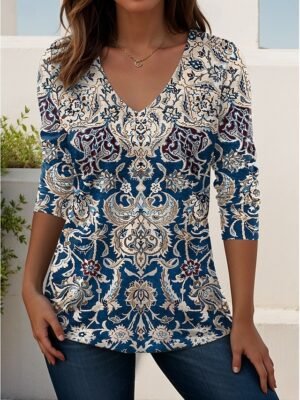 Stylish Regular Geometric Paisley V Neck Short Sleeve T-Shirt - Image 14
