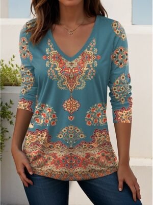 Stylish Regular Geometric Paisley V Neck Short Sleeve T-Shirt - Image 15