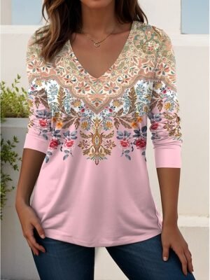 Stylish Regular Geometric Paisley V Neck Short Sleeve T-Shirt - Image 17