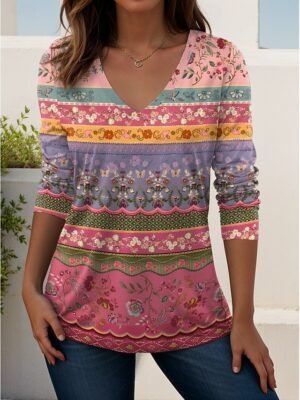 Stylish Regular Geometric Paisley V Neck Short Sleeve T-Shirt - Image 18