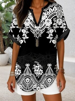 Stylish Regular Geometric Paisley V Neck Short Sleeve T-Shirt - Image 19