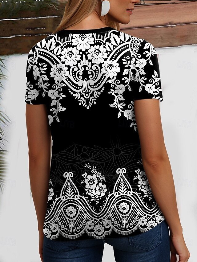 Stylish Regular Geometric Paisley V Neck Short Sleeve T-Shirt - Image 2