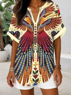 Stylish Regular Geometric Paisley V Neck Short Sleeve T-Shirt - Image 20