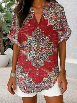 Stylish Regular Geometric Paisley V Neck Short Sleeve T-Shirt - Image 23