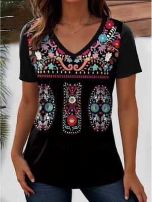 Stylish Regular Geometric Paisley V Neck Short Sleeve T-Shirt - Image 3
