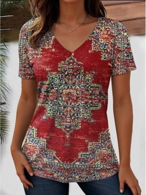 Stylish Regular Geometric Paisley V Neck Short Sleeve T-Shirt - Image 5